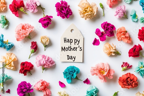 An artistic layout with multicolored carnations scattered around a "Happy Mother's Day" paper tag on a seamless white background.