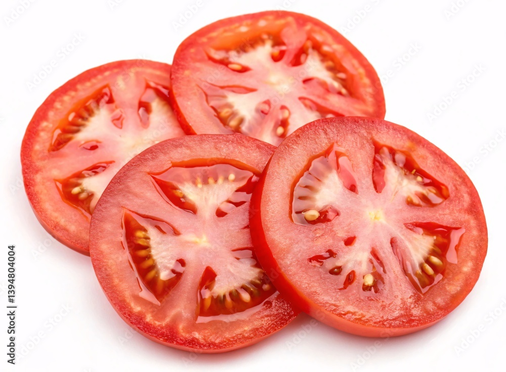 Freshly Sliced Tomato Displaying Seeds and Juicy Red Flesh Highlighting Texture and Natural Tomato Vegetable. Freshly Sliced Tomato Displaying Seeds and Juicy Red Flesh Highlighting Texture and Natural Tomato Vegetable.