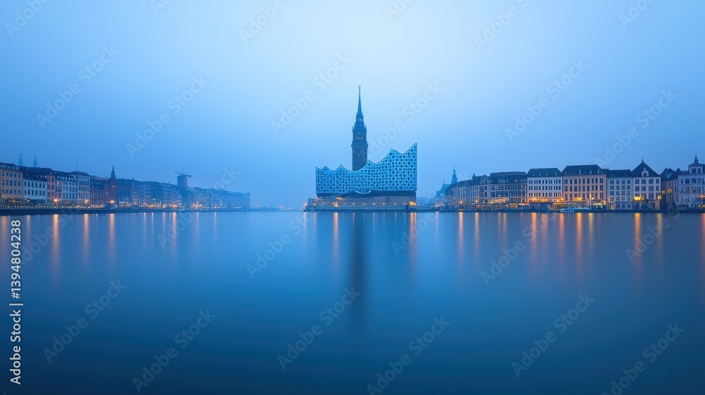 Naklejka premium Serene Cityscape at Dusk with Calm Water Reflection in Germany
