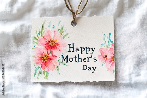 An artistic "Happy Mother's Day" message on a watercolor paper tag, with watercolor-painted carnations in soft hues on a white canvas.