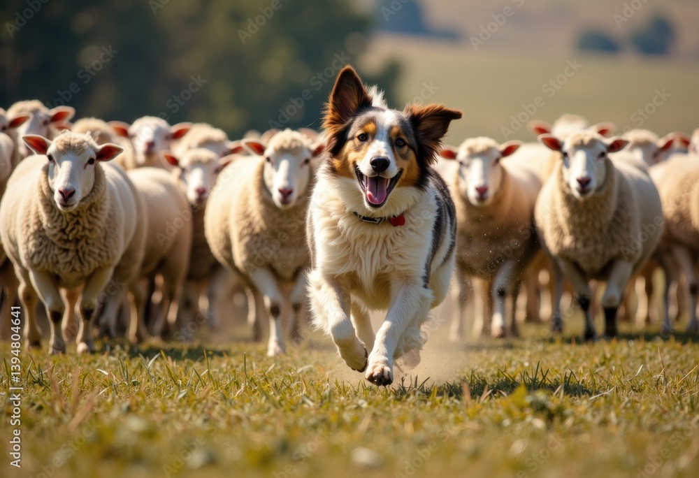 A herding dog runs joyfully among a flock of sheep in a green pasture