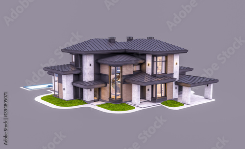 3d rendering of modern two story house with gray and wood accents, large windows, parking. In the evening Isolated on gray