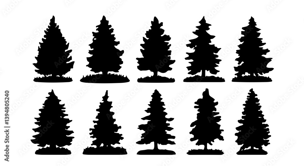 Fototapeta premium Ten Black Evergreen Tree Silhouettes: High-Quality Vector Graphics for Nature Projects