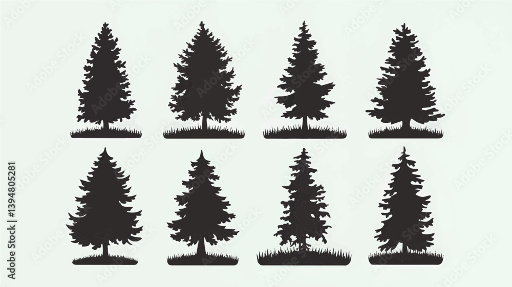 Fototapeta premium Silhouette Pine Tree Vector Collection: 8 Stunning Designs for Creative Projects