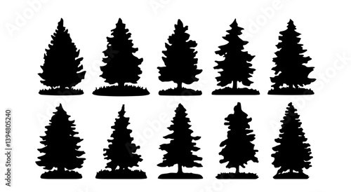 Ten Black Evergreen Tree Silhouettes: High-Quality Vector Graphics for Nature Projects