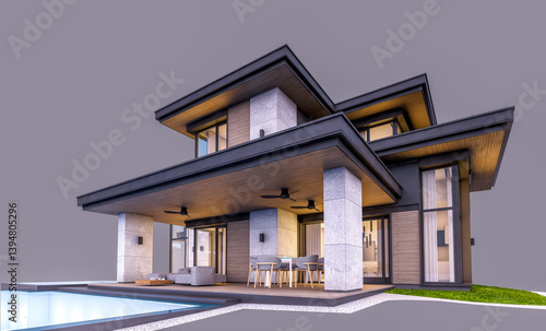 3d rendering of modern two story house with gray and wood accents, large windows, parking. In the evening Isolated on gray