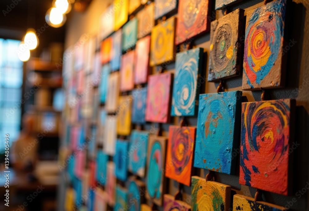 Fototapeta premium Colorful abstract paintings arranged on a gallery wall, creating a vibrant display