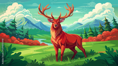 Majestic red deer, cervus elaphus, standing on meadow in summer nature. Dominant male mammal with massive antlers looking into camera on green field. Strong wild animal observing his 