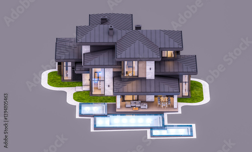 3d rendering of modern two story house with gray and wood accents, large windows, parking. In the evening Isolated on gray