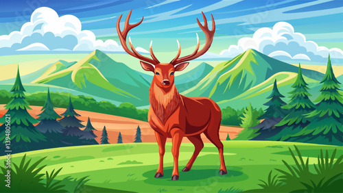 Majestic red deer, cervus elaphus, standing on meadow in summer nature. Dominant male mammal with massive antlers looking into camera on green field. Strong wild animal observing his 