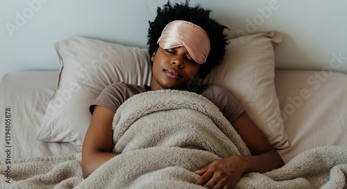 Young woman sleeping peacefully in bed with eye mask and cozy blanket
