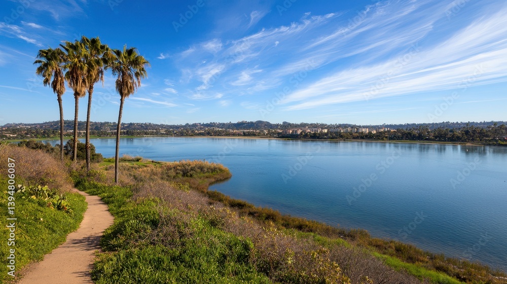 Serenity at the Lakeside Path with Palm Trees and Blue Skies Serenity at the Lakeside Path with Palm Trees and Blue Skies