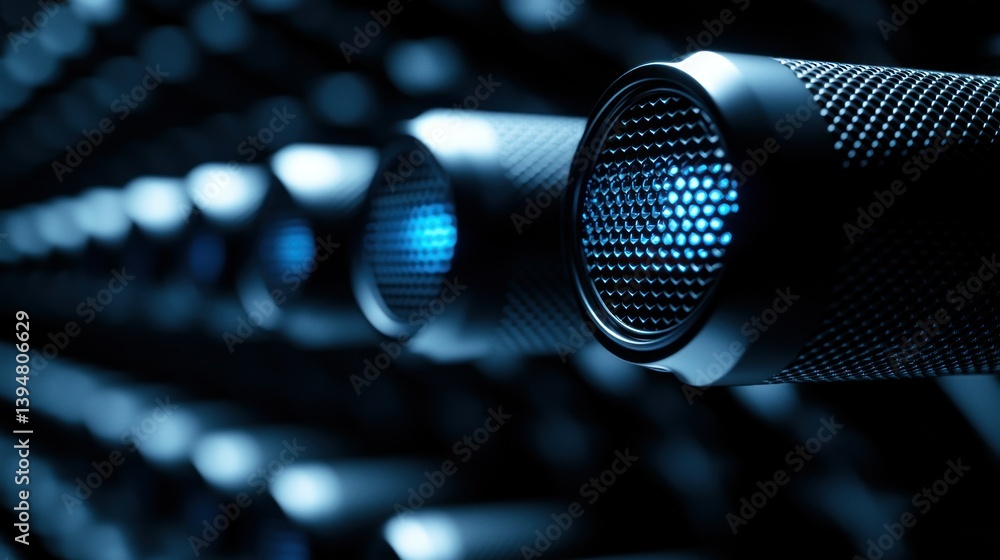 Row of metallic cylinders with glowing blue lights, patterned, close up Row of metallic cylinders with glowing blue lights, patterned, close up