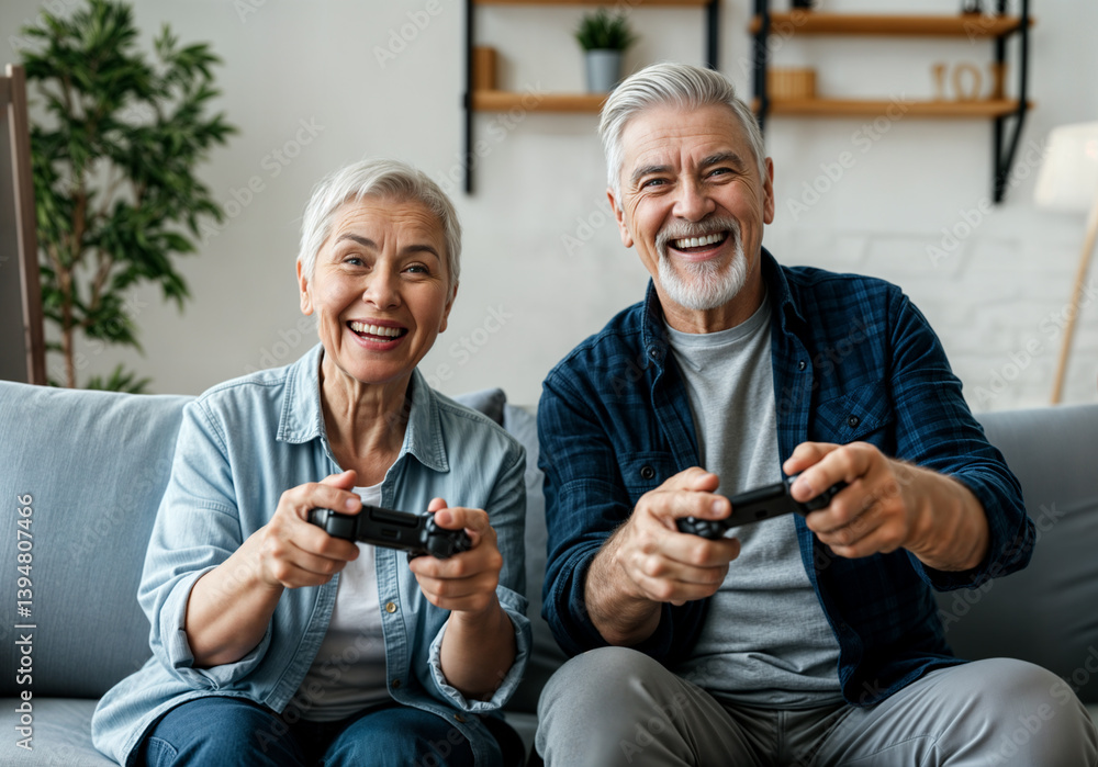 Happy senior couple enjoying video games on couch at home Happy senior couple enjoying video games on couch at home