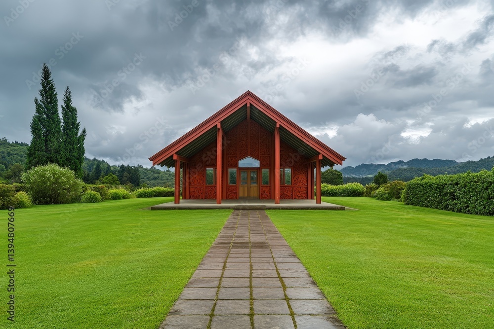 Fototapeta premium Red Carved Marae Meeting House in Green Landscape