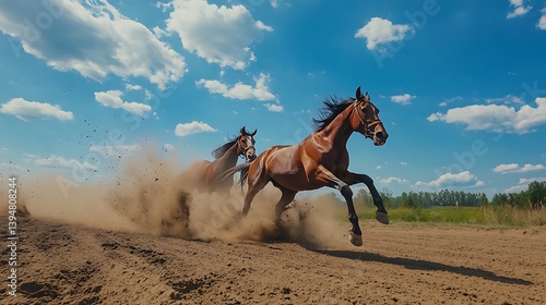 Wallpaper Mural Majestic Run: Two Brown Horses Racing Across Dusty Track Under a Bright Blue Sky Torontodigital.ca