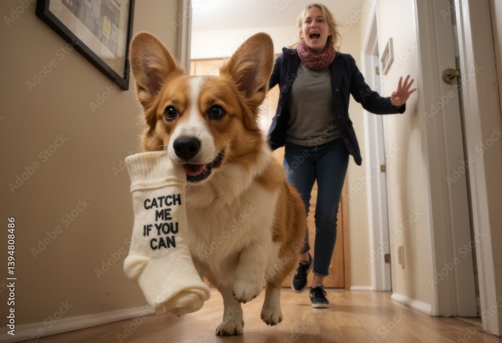 A playful corgi runs with a sock while a surprised woman chases behind