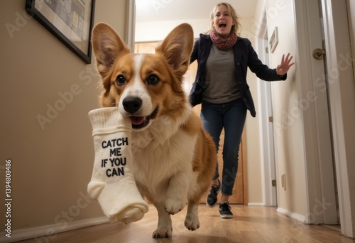 Obraz na płótnie A playful corgi runs with a sock while a surprised woman chases behind w salonie
