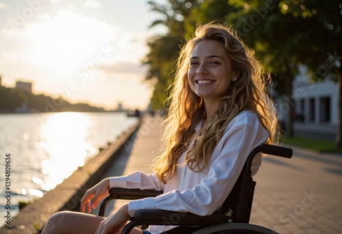 Young woman in a wheelchair smiling by the riverside at sunset