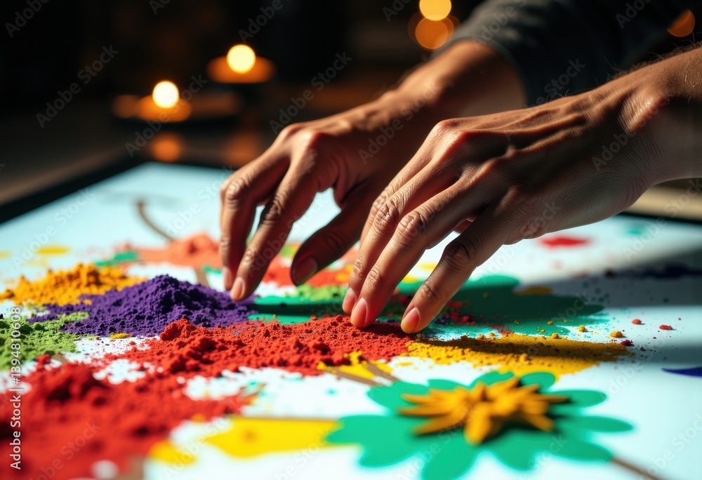 Obraz premium Hands creating art with colorful sand on a bright surface