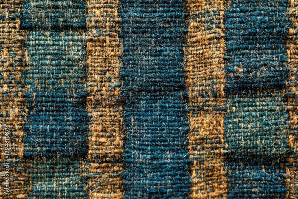 Close-up of a woven textile with teal and beige intersecting patterns, showcasing intricate texture and craftsmanship. Close-up of a woven textile with teal and beige intersecting patterns, showcasing intricate texture and craftsmanship.