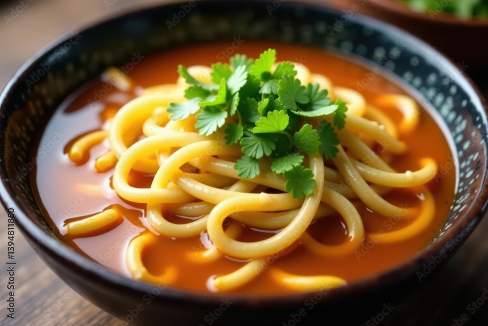 Close-up of udon noodles in rich, flavorful broth with various garnishes, asian, wheat, healthy Close-up of udon noodles in rich, flavorful broth with various garnishes, asian, wheat, healthy