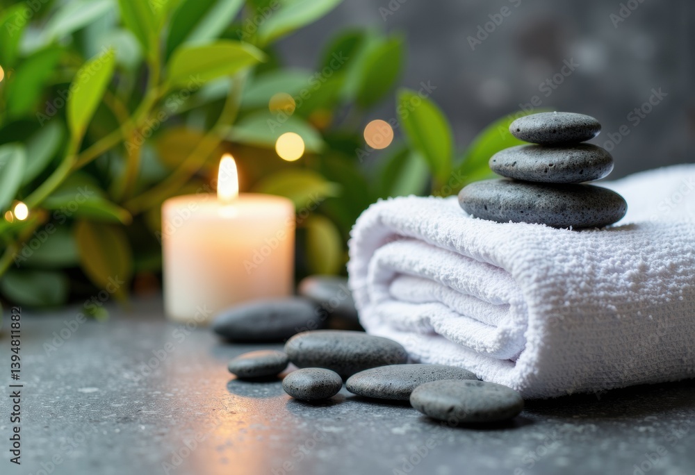 Obraz premium Relaxing spa setting with stacked stones, a candle, and fresh greenery