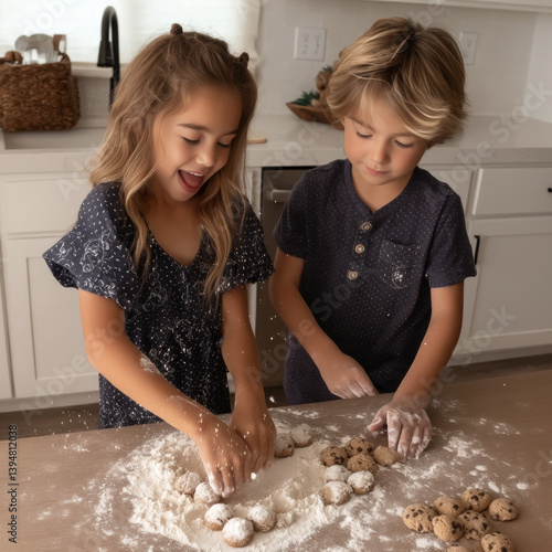 Two children joyfully baking cookies in a bright kitchen, surrounded by flour and cookie dough, capturing the essence of fun and creativity in cooking.