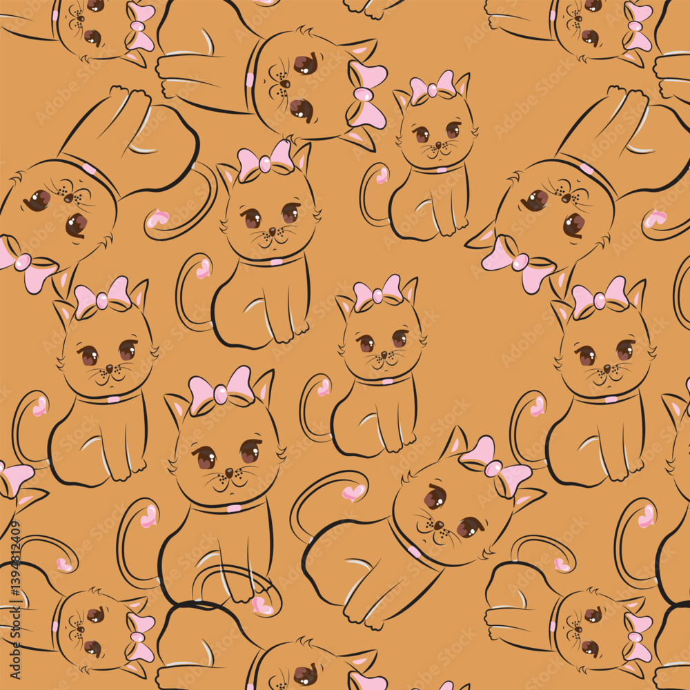 Fototapeta premium Cute Cartoon Cat Pattern with Pink Bows – Seamless Kitten Background Design