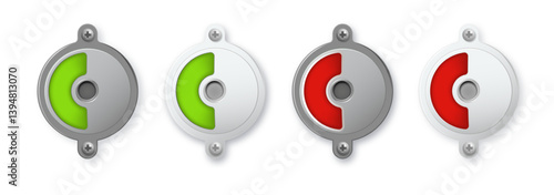 Toilet or restroom locks green and red round metal isolated on white. Occupied and Free. Regular public restroom door mechanism indicating. Vector