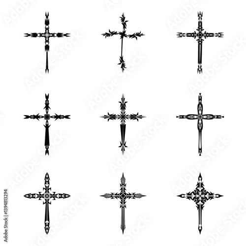 Christian cross vector icon symbols.  Abstract christian religious belief or faith art illustration for orthodox or catholic design. The symbol of the cross in various designs used in tattoo.	
