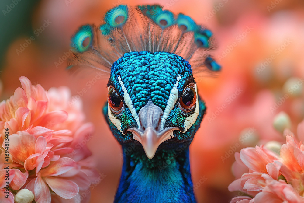 Obraz premium Majestic Peacock with Vibrant Blue Feathers Surrounded by Pink Blossoms in Spring - Generative AI