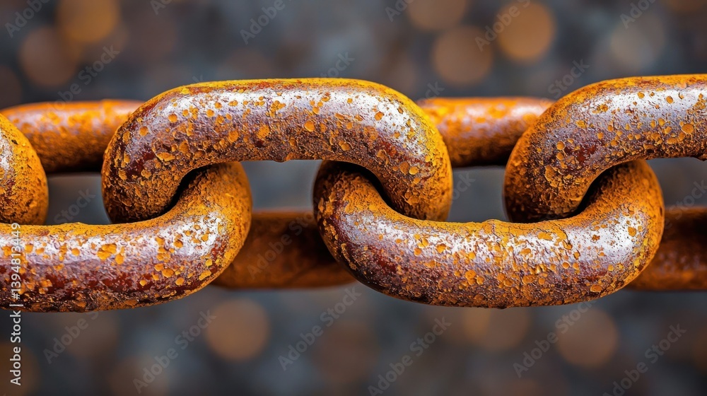 Rusty chain links show age. Close-up macro view on textured background Rusty chain links show age. Close-up macro view on textured background