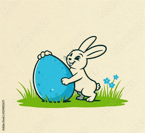 Easter bunny with blue egg in the grass vector illustration