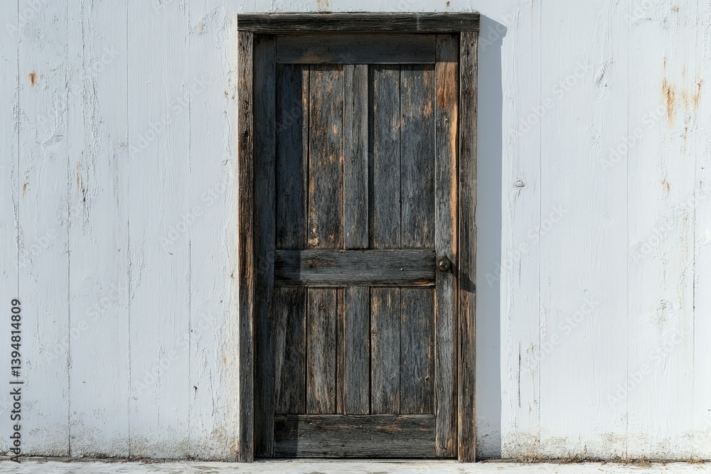 Weathered wooden door on a whitewashed wall, showcasing rustic charm and aged texture. Weathered wooden door on a whitewashed wall, showcasing rustic charm and aged texture.