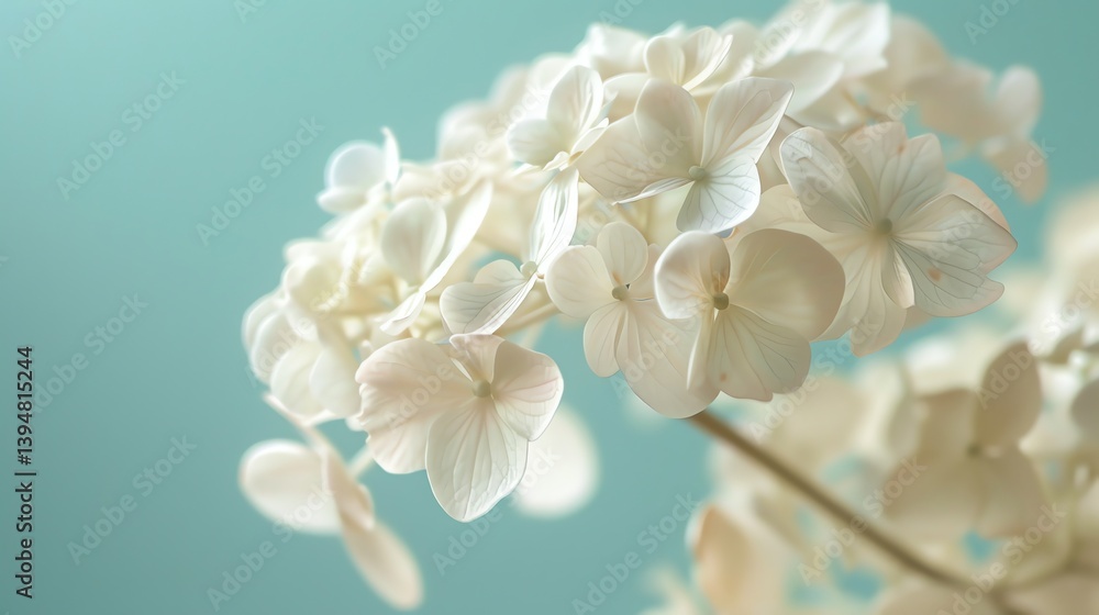 White Hydrangea flower in full bloom against a pale blue background. White Hydrangea flower in full bloom against a pale blue background.