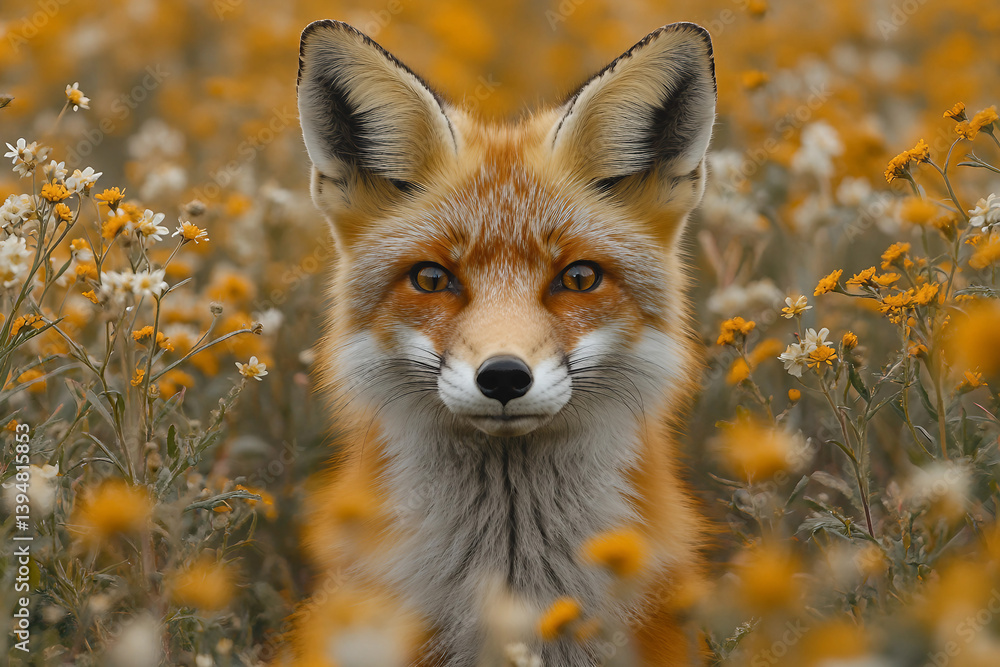 Fototapeta premium Close-Up of a Curious Fox in Natural Habitat with Greenery and Flowers - Generative AI