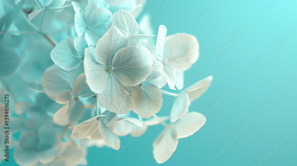 Close-up of a bunch of white hydrangea flowers against a pale blue background. Close-up of a bunch of white hydrangea flowers against a pale blue background.