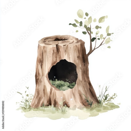 Nature scene tree stump with sprouting leaves forest watercolor art serene environment close-up view eco-friendliness