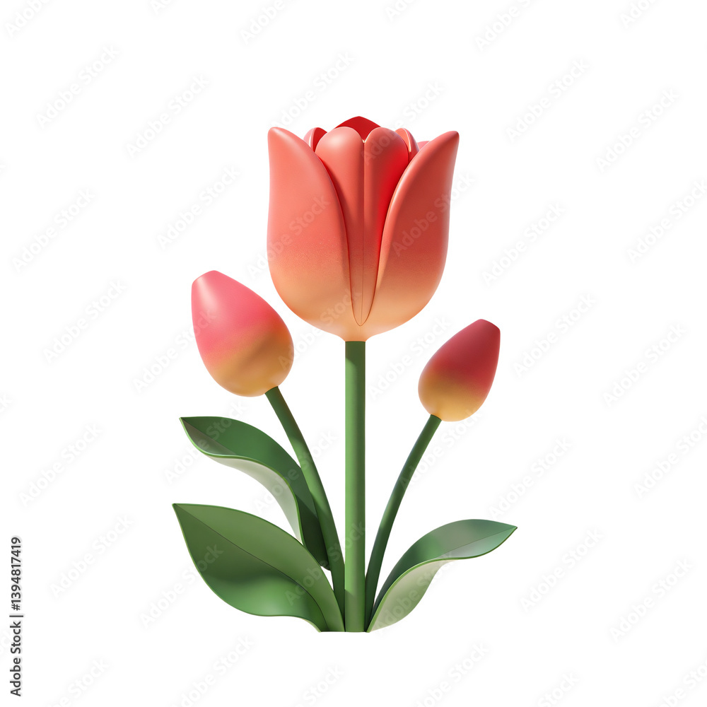 Fototapeta premium Beautiful Tulip Flowers 3D Render Icon Illustration in Cute Cartoon Plastic Style Isolated