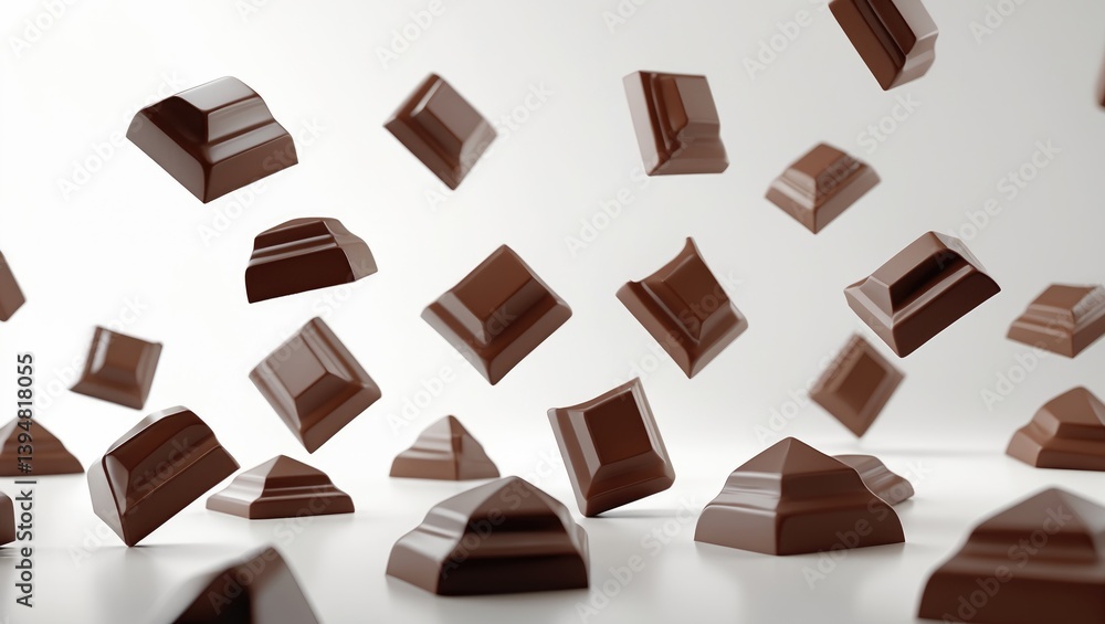 Fototapeta premium Milk chocolate morsels on a plain white background. Clipping Path Image stack showcasing full depth of field macro shot