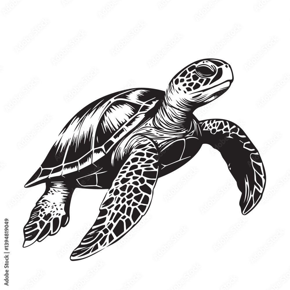 Obraz premium black and white image of a beautiful sea turtle on a white background, graphic, vector, logo 
