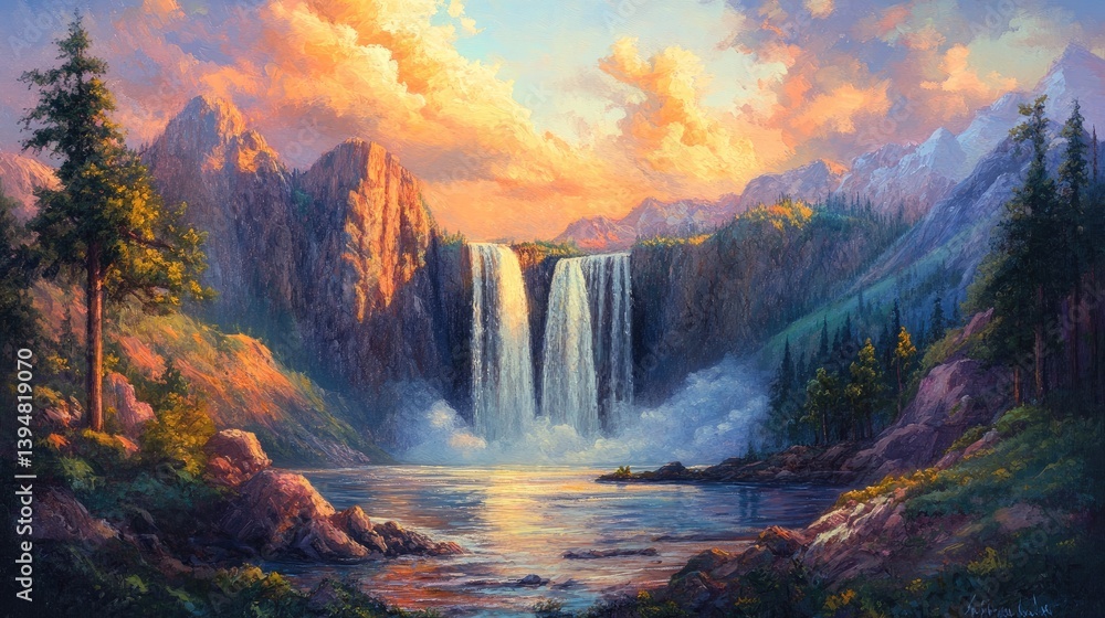 Golden-Hued Waterfall Glowing in the Tranquil Evening Atmosphere Golden-Hued Waterfall Glowing in the Tranquil Evening Atmosphere