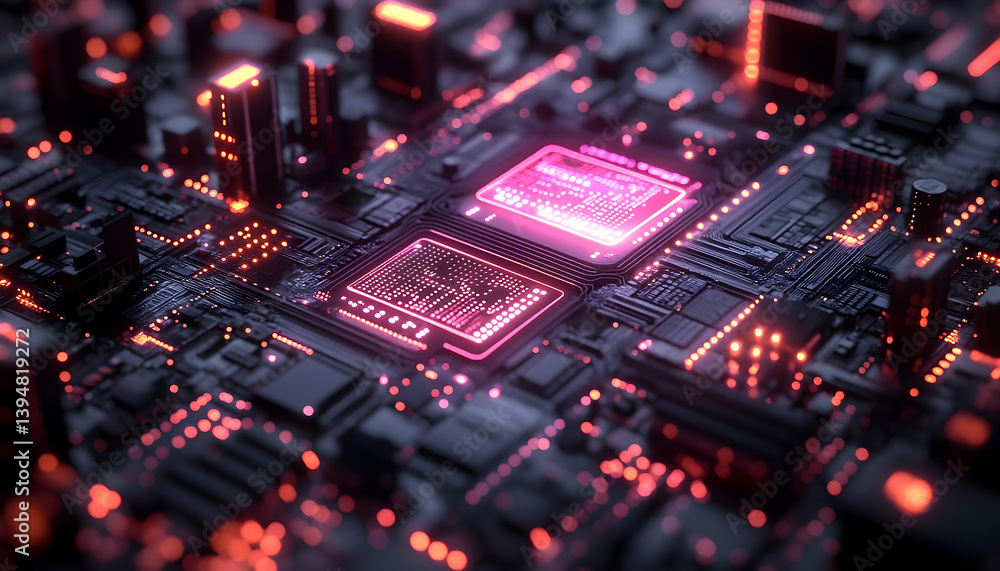 Circuit board close up glowing components Circuit board close up glowing components