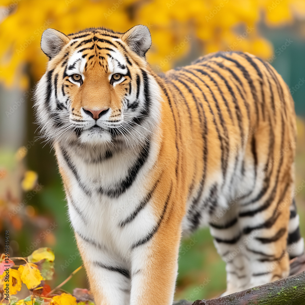 A tiger standing confidently on a path with autumn leaves in the background. A tiger standing confidently on a path with autumn leaves in the background.