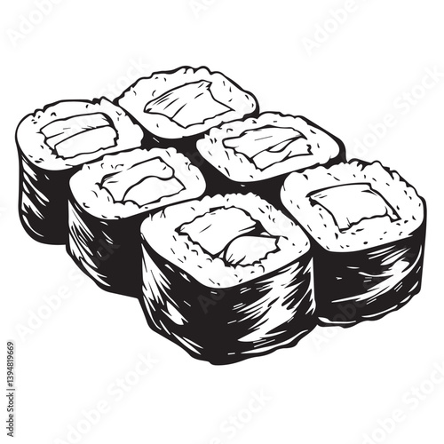 black and white image of sushi rolls on a white background, set, graphics, vector
