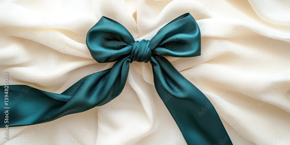 Emerald Silk Ribbon: A close-up view of an elegant teal silk ribbon, delicately fashioned into a bow, lies gently atop a textured cream-colored fabric.