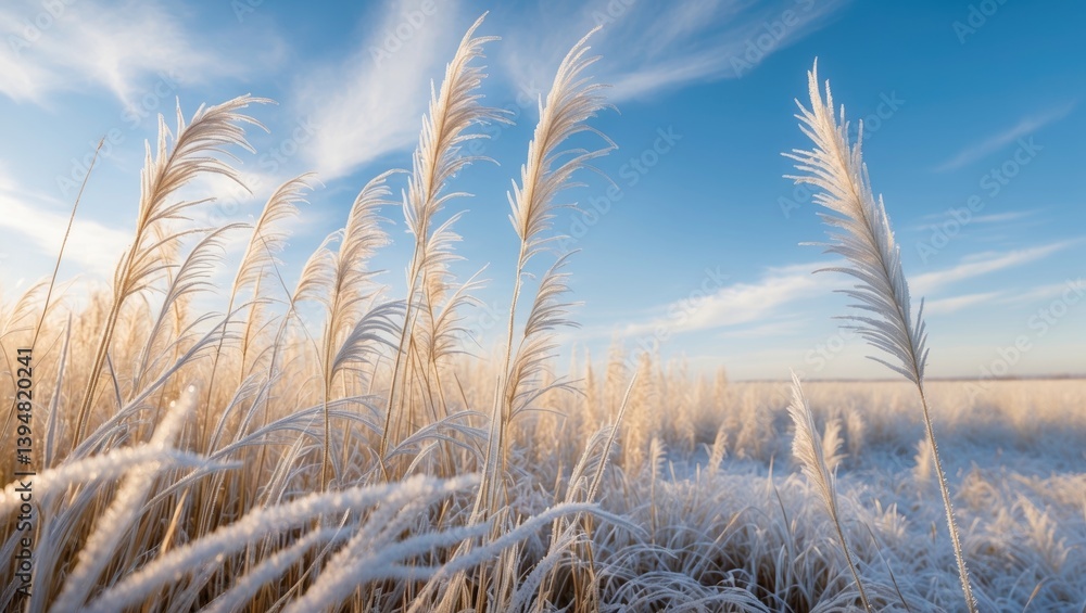 Obraz premium Tall grasses are covered with frost while they delicately sway in the breeze beneath a clear sky in daylight.