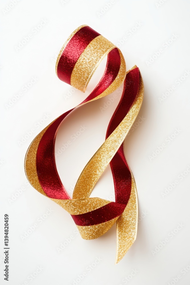 Ribbon's graceful dance: a gold and red ribbon creates a gentle spiral, symbolizing elegance and festive beauty. This image represents the joy of events.