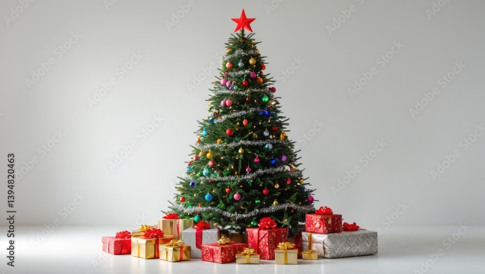 White background featuring an isolated artificial Christmas tree, decorated with bright ornaments and silver garland, with a plethora of gifts underneath White background featuring an isolated artificial Christmas tree, decorated with bright ornaments and silver garland, with a plethora of gifts underneath